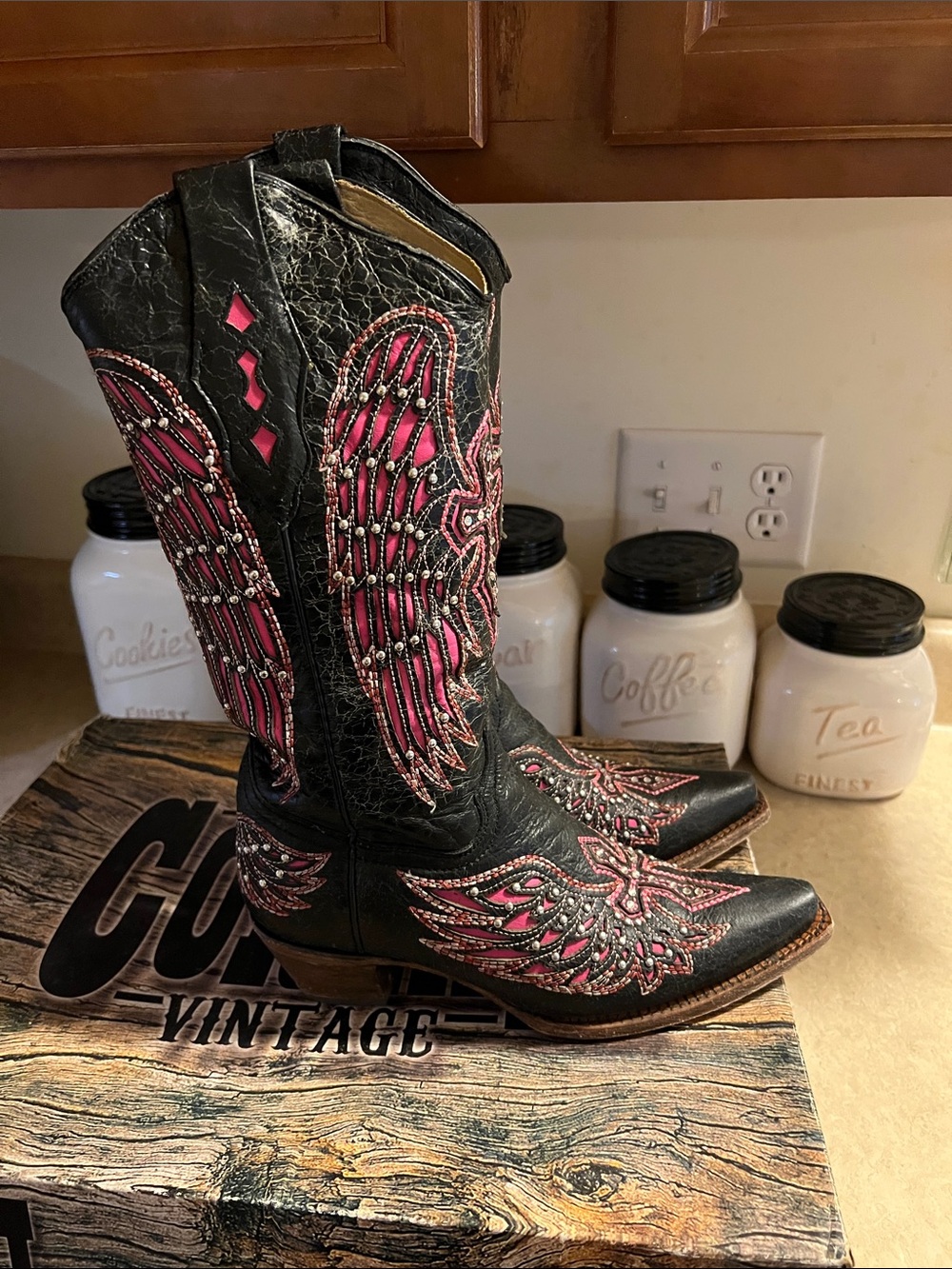 Corral Black Distressed Blingy Leather Cowboy Boots with Pink Embroidery - Picture 3 of 11